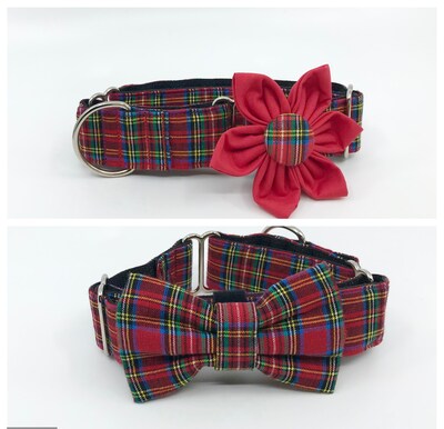 Red Tartan Christmas Martingale Dog Collar With Optional Flower Or Bow Tie Adjustable Slip On Collar Sizes S, M, L, XL - image1